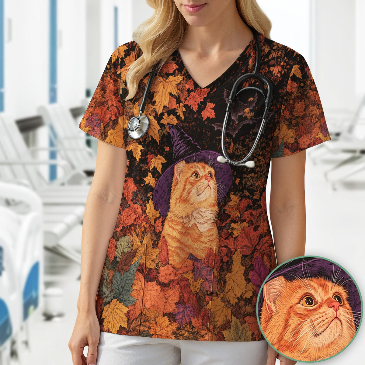 Autumn Cat Fall Leaves Nurse Scrub Top