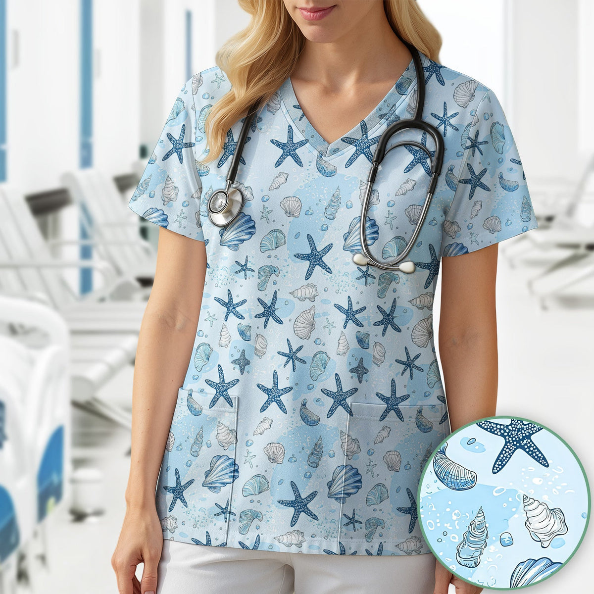 Ocean Shell And Starfish Print Scrub Top, Breathable Fabrics Nursing Uniform