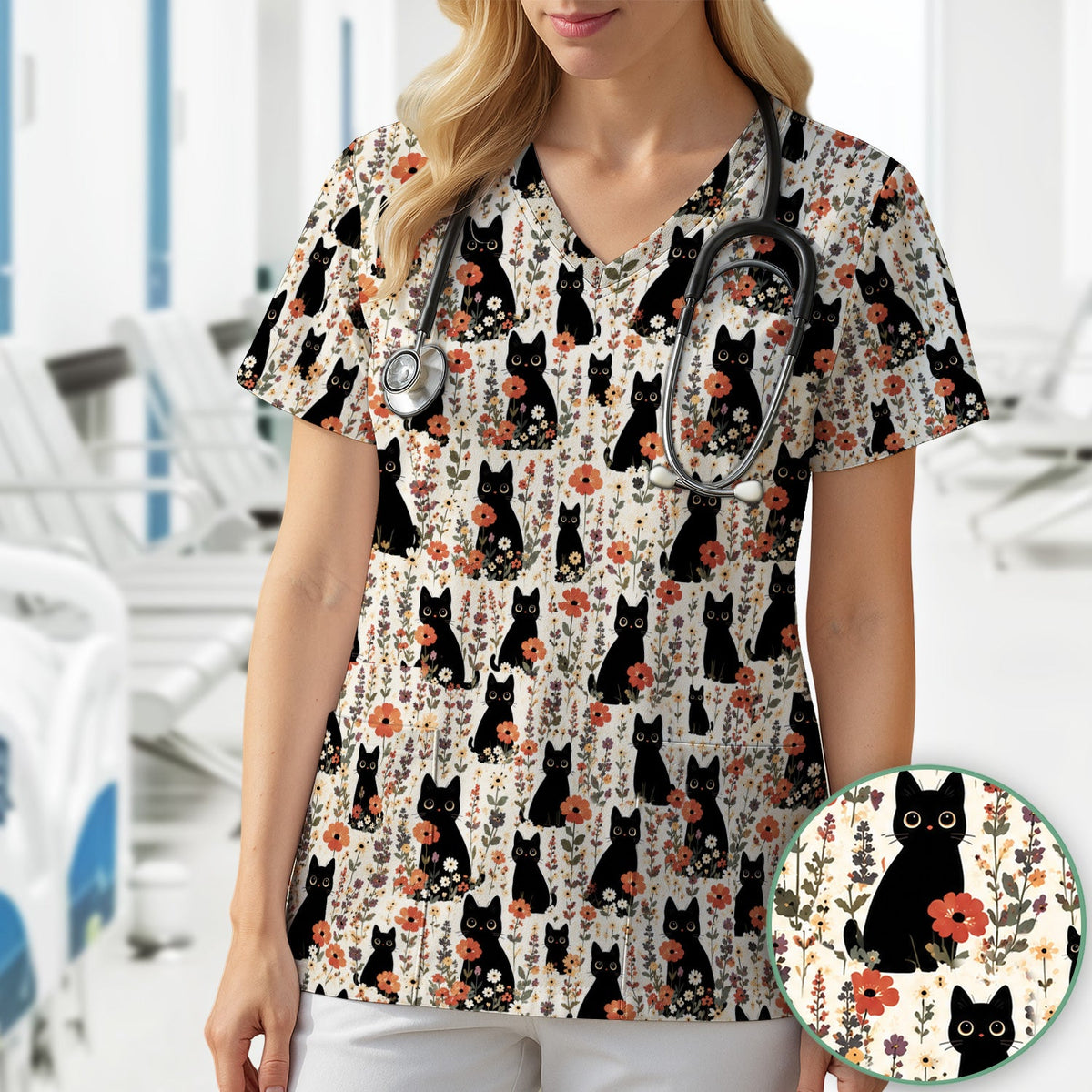 Cute Black Cat Wildflower Nurse Scrub Top