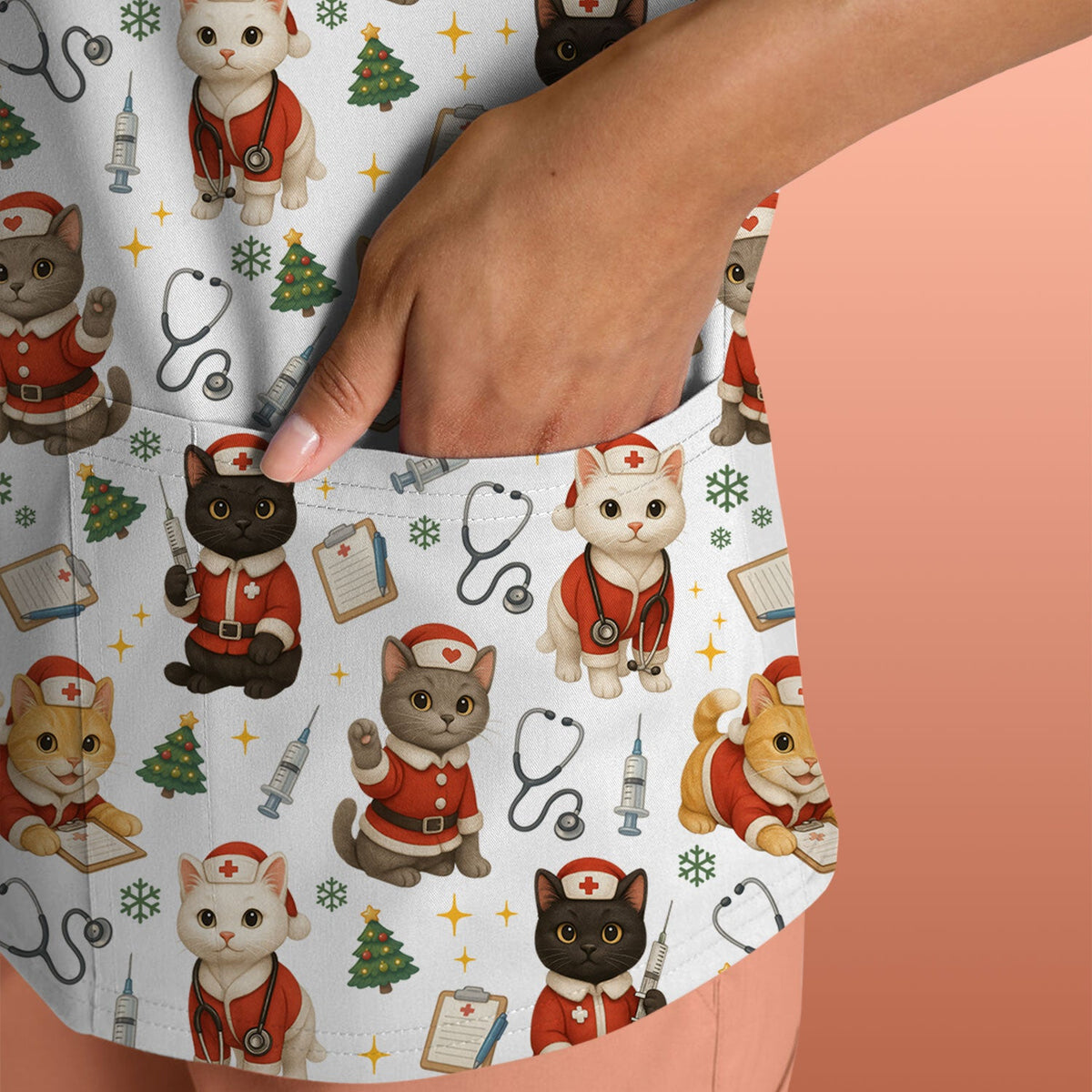 Funny Nurse Scrub Top for Women - Christmas Lucky Cat Design - Cute Holiday Nursing Shirt Gift for RN LPN CNA