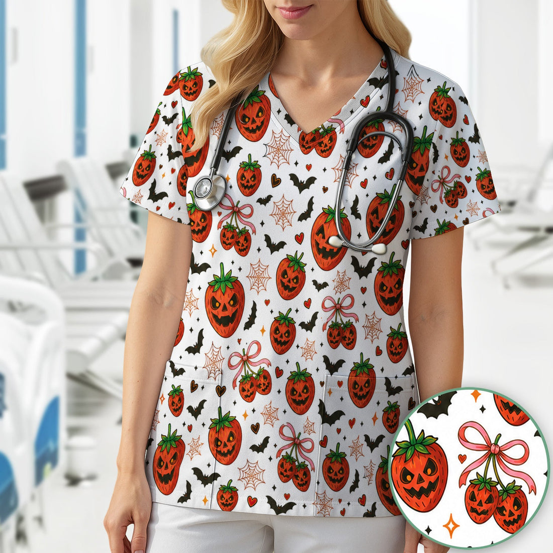 Sweet Halloween Strawberry Jack O Lanterns Nurse Scrub Top