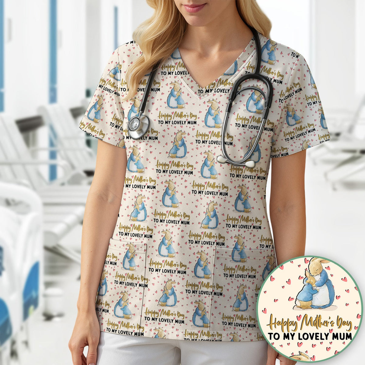 Mothers Day Bunny Love Nurse Scrub Top