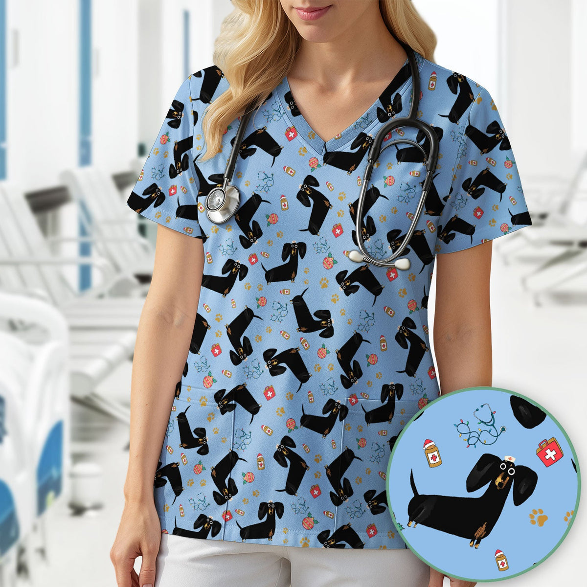 Black Dachshund Nurse Scrub Top - Gift For Dog Lover