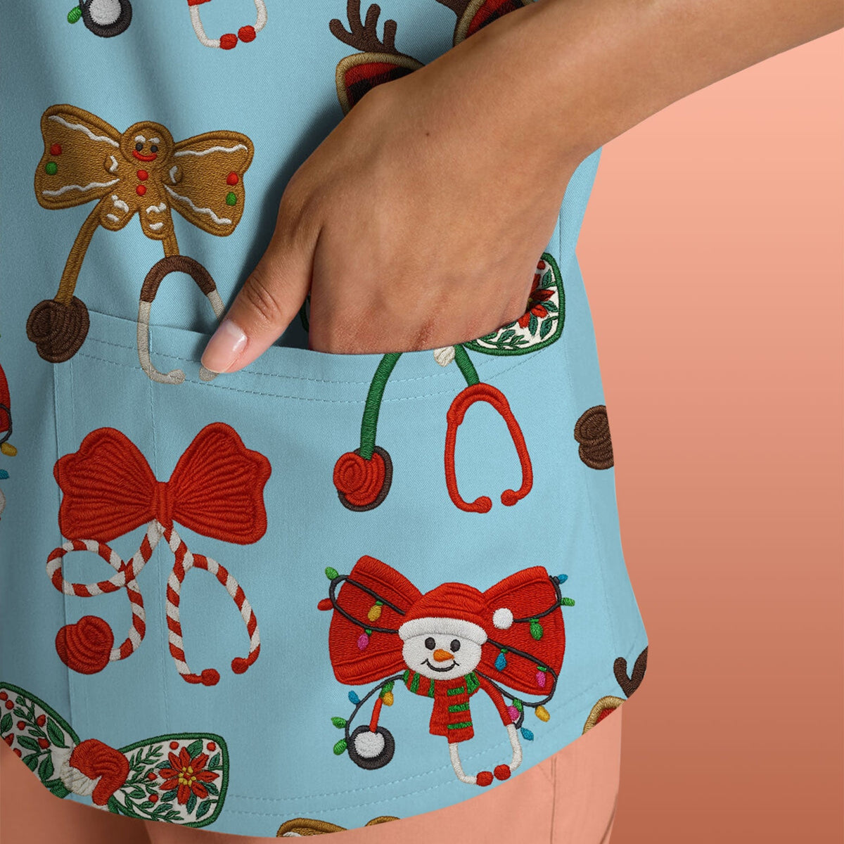 Christmas Stethoscope Bow Nurse Scrub Top