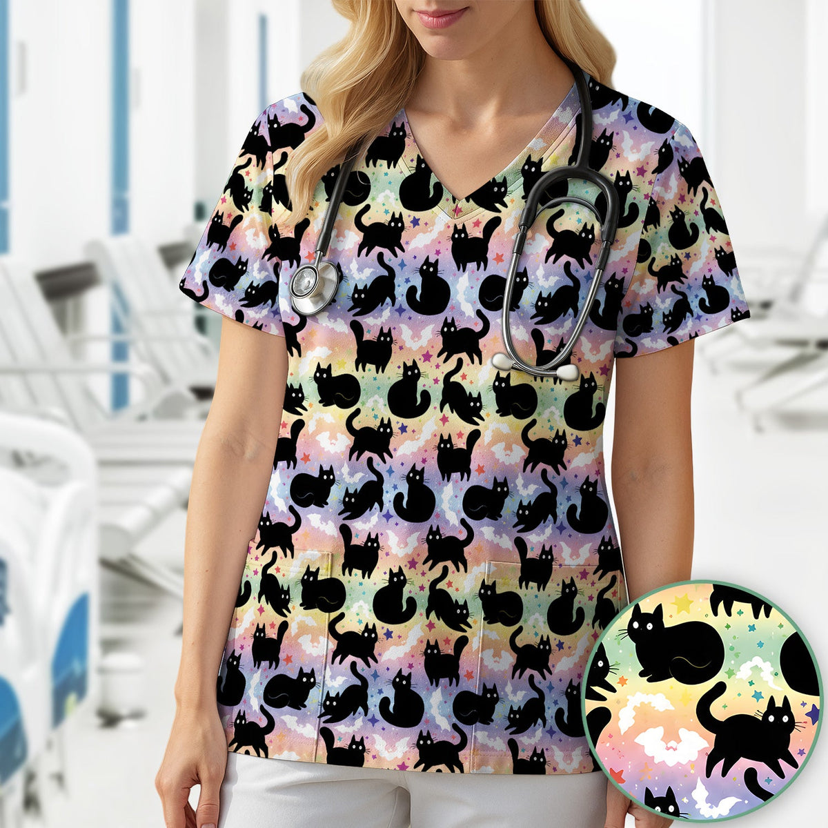 Pastel Star Black Cat Nurse Scrub Top