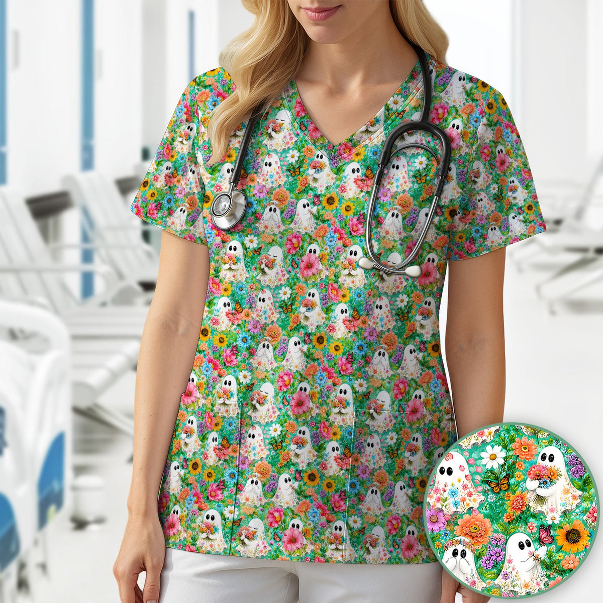 Halloween Floral Ghosts Nurse Scrub Top
