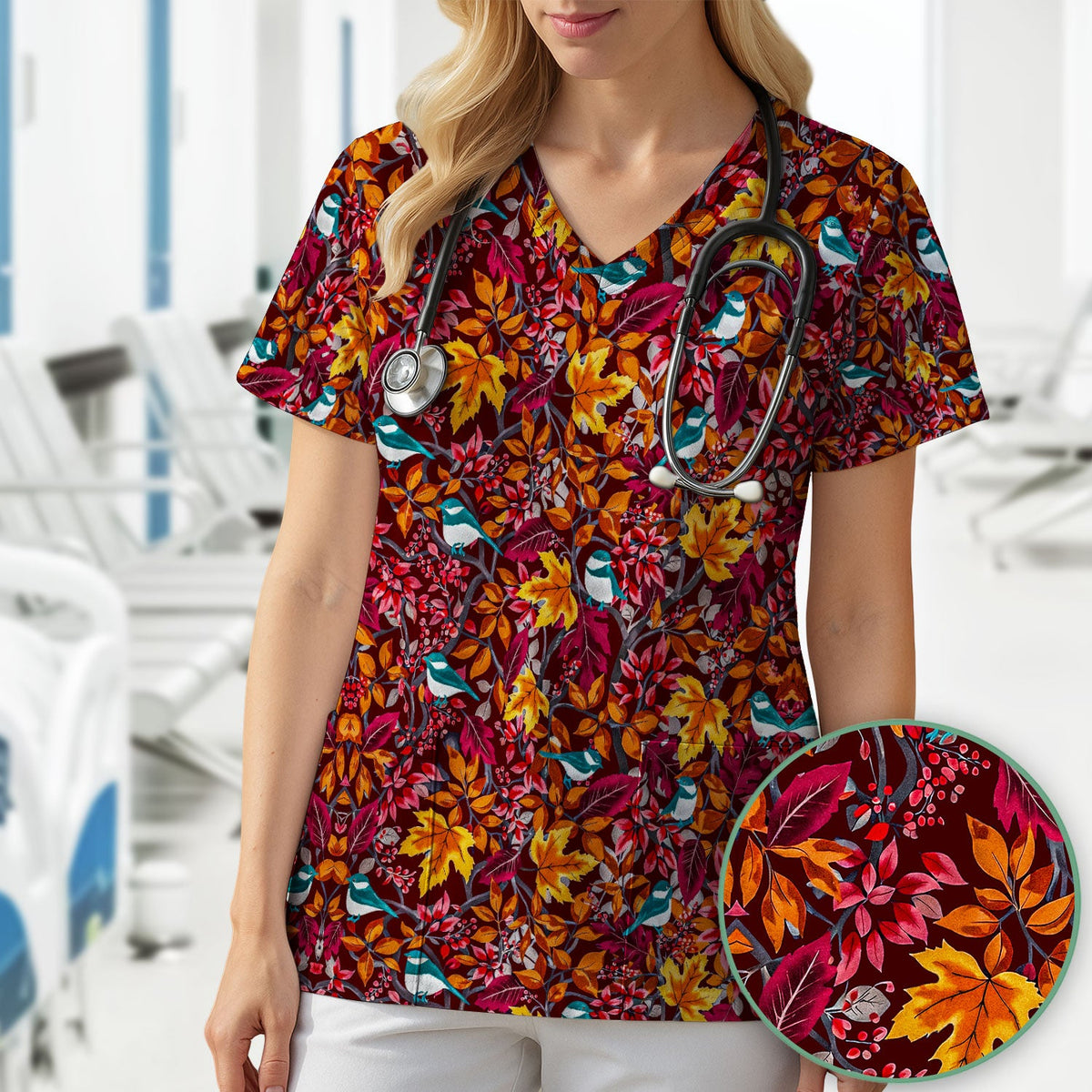 Autumn Leaves Blue Bird Nurse Scrub Top