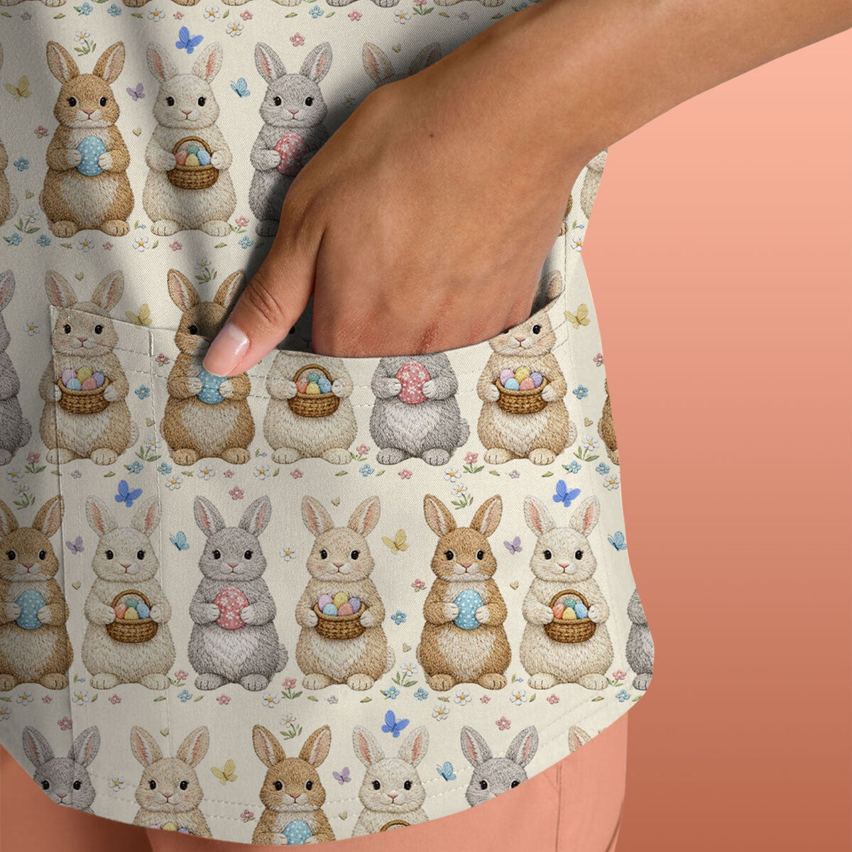 Bunny Basket Pastel Nurse Scrub Top - Easter Gift