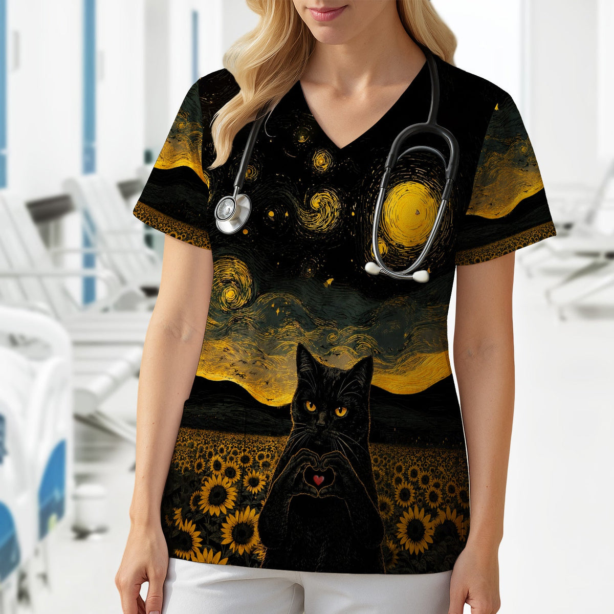 Cute Black Cat Sunflower Night Nurse Scrub Top