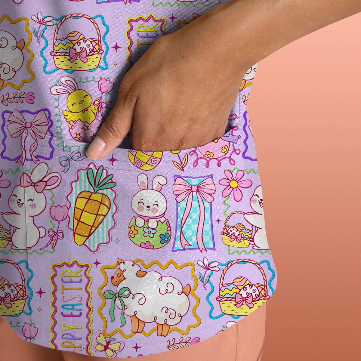 Cute Easter Bunny Egg and Bow Print Scrub Top, Breathable Fabrics Nursing Uniform