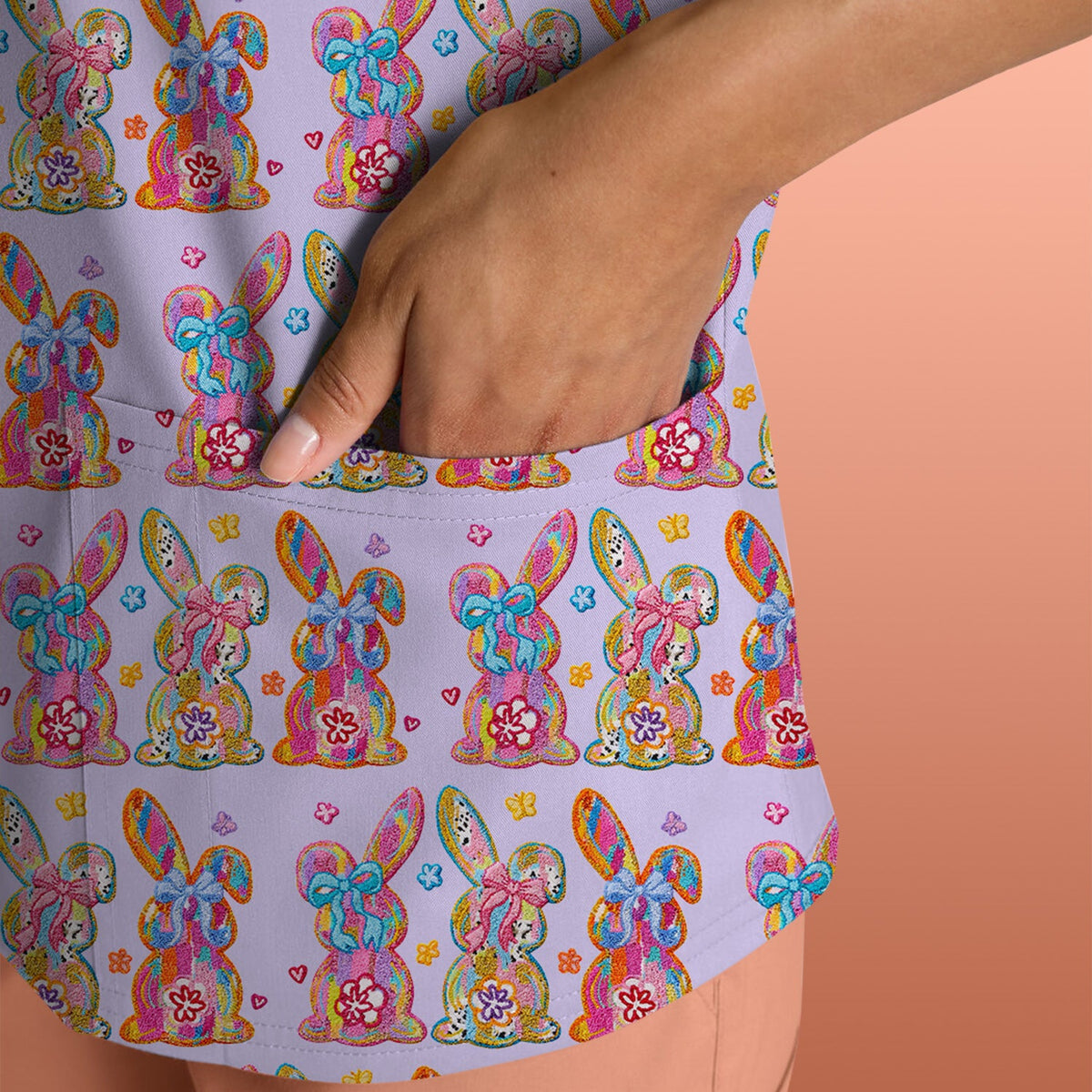 Cute Pastel Bunny Floral Pattern Scrub Top, Comfortable Scrubs for Nurses, Easter