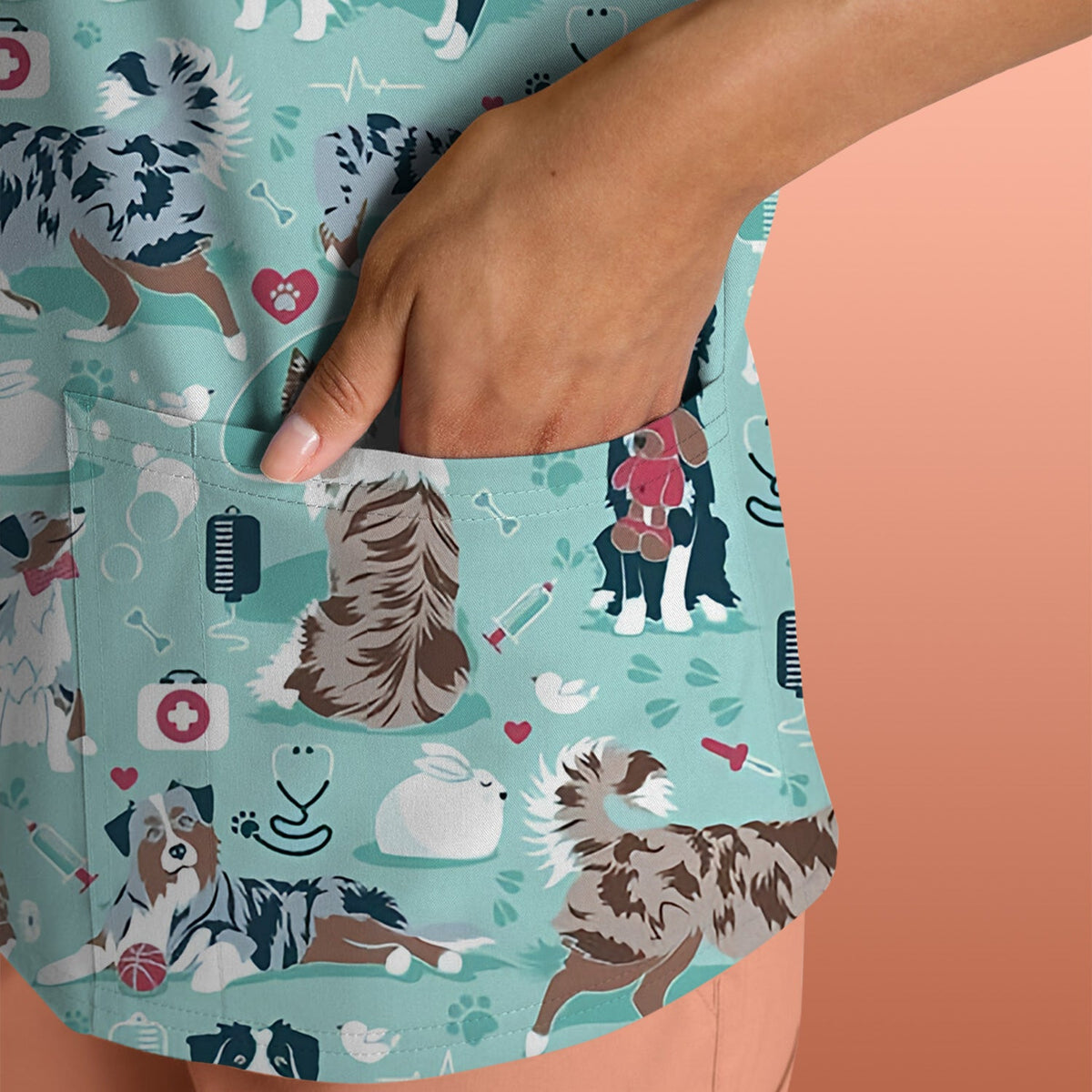 Cute Dog Pattern Veterinary Scrub Top, Breathable Fabrics Nursing Uniform
