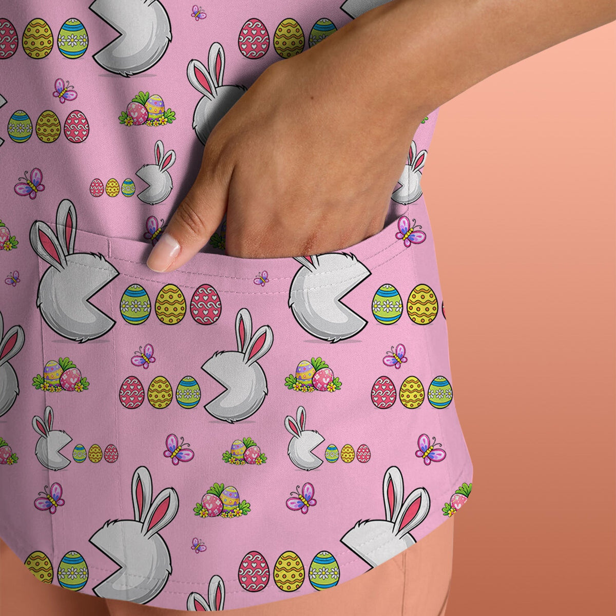 Easter Bunny and Colorful Eggs Print Scrub Top, Breathable Fabrics Nursing Uniform