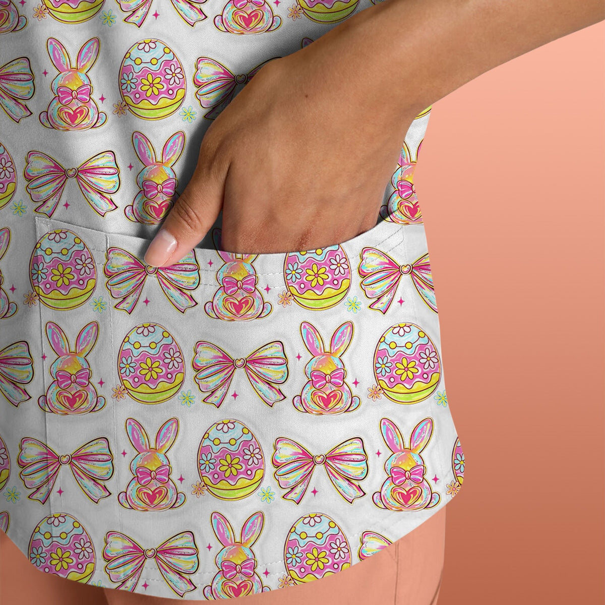 Bunny Pastel Egg Bow Nurse Scrub Top - Easter Gift