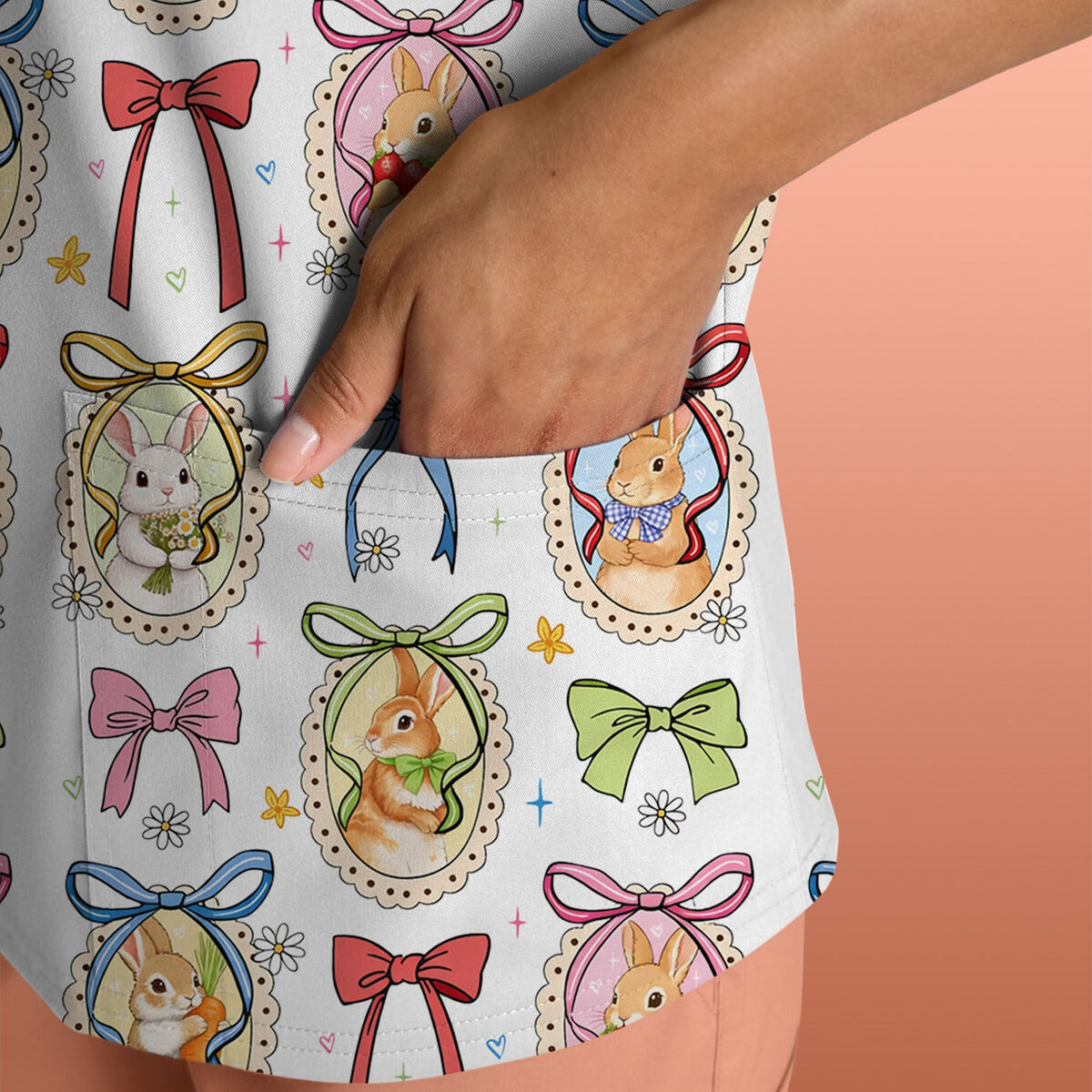 Bunny Cameo Bow Nurse Scrub Top - Easter Gift