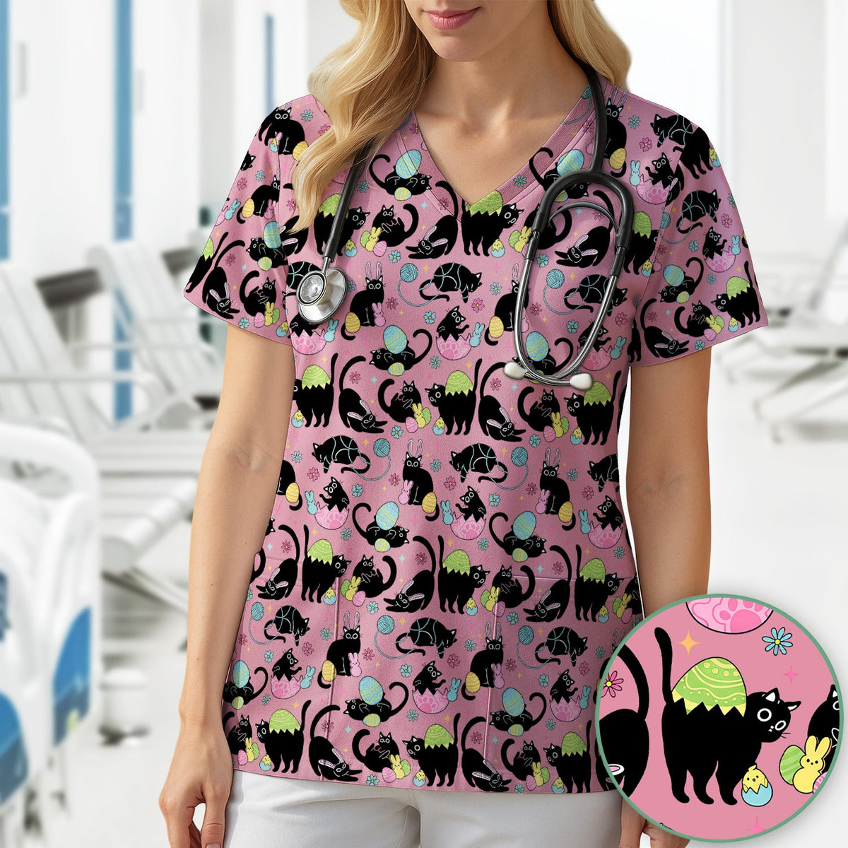 Black Cat Egg Nurse Scrub Top - Easter Gift