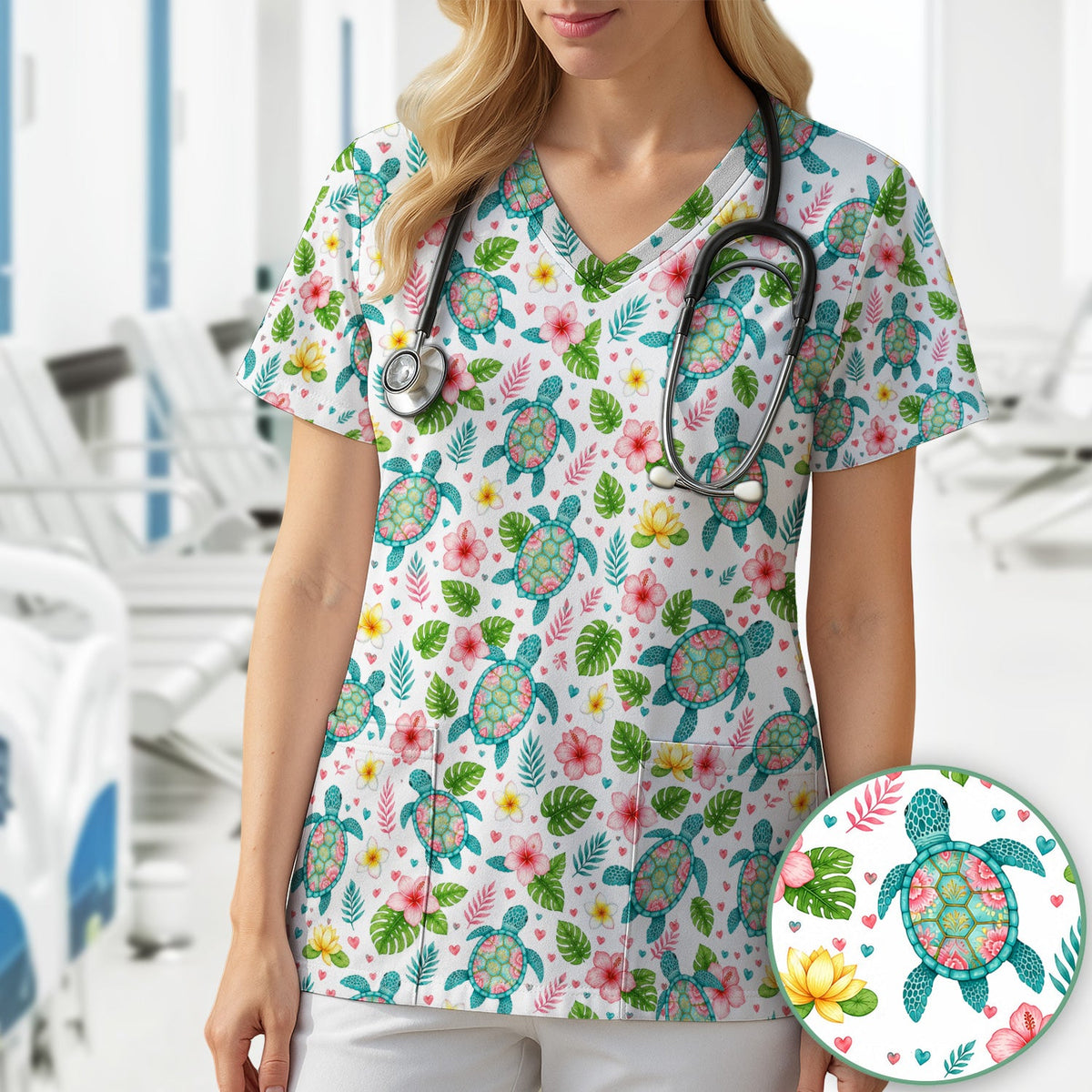 Tropical Sea Turtle Floral Nurse Scrub Top