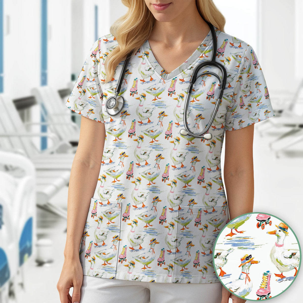 Roller Skating Goose Nurse Scrub Top