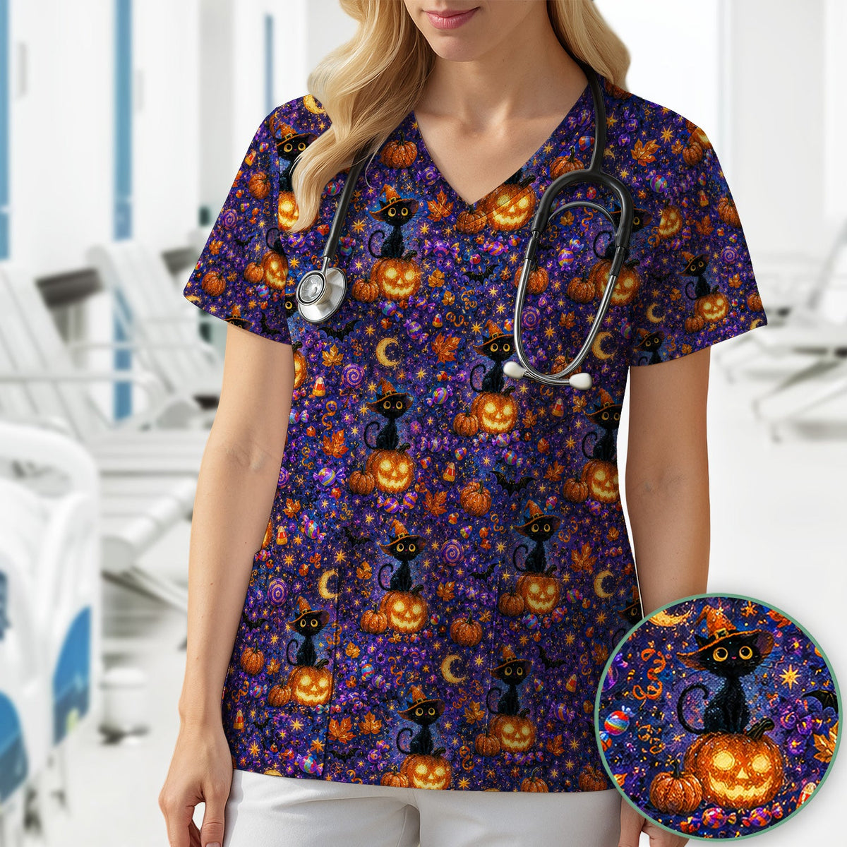 Mystical Witch Cat Nurse Scrub Top - Halloween Gift