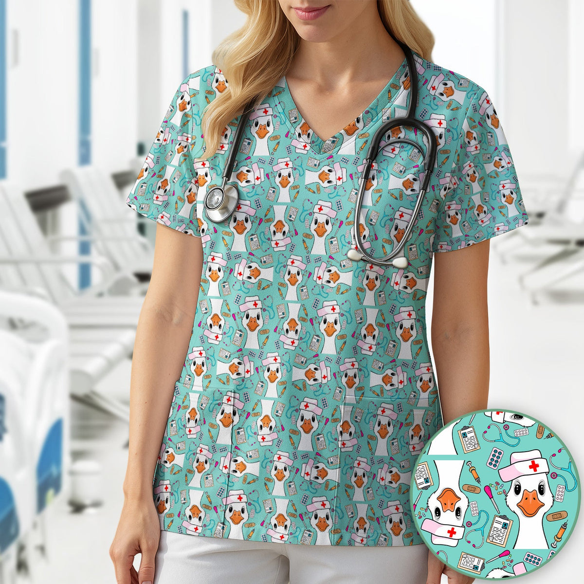 Duck Wearing Hat With Medical Tools Nurse Scrub Top