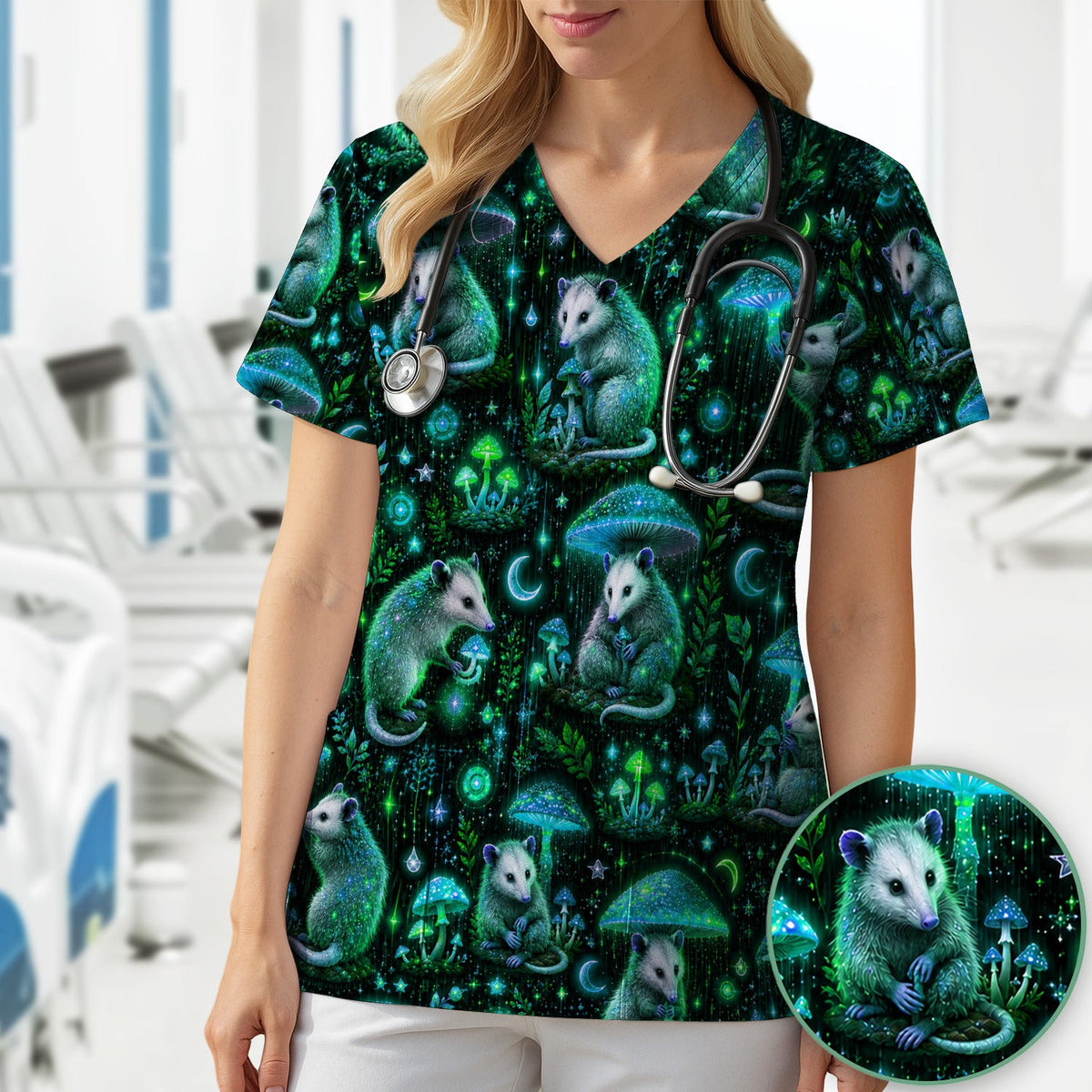 Moonlit Opossum Mushroom Nurse Scrub Top