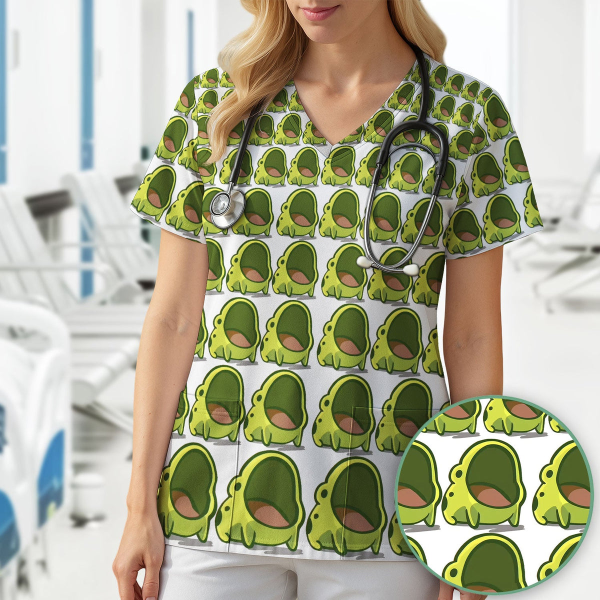 Green Frog Cartoon Nurse Scrub Top