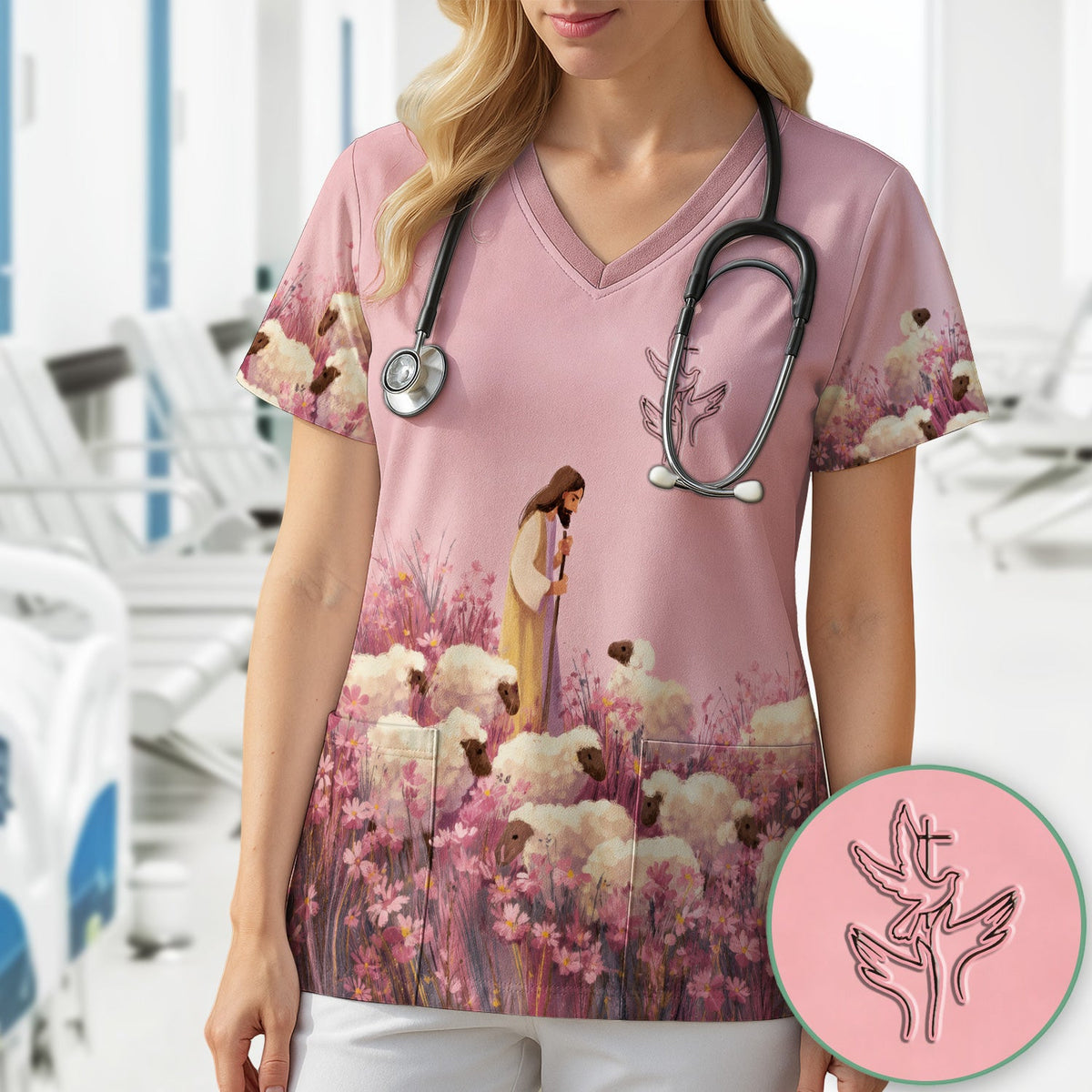 Christian Shepherd With Lambs Nurse Scrub Top