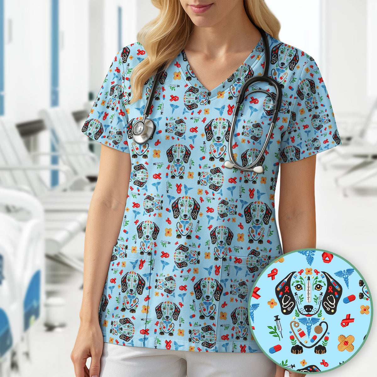 Dachshund Medical Icon Nurse Scrub Top