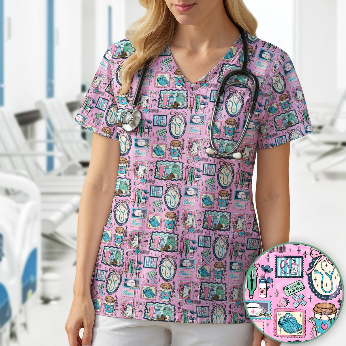 Stethoscope Syringe Frame Nurse Scrub Top
