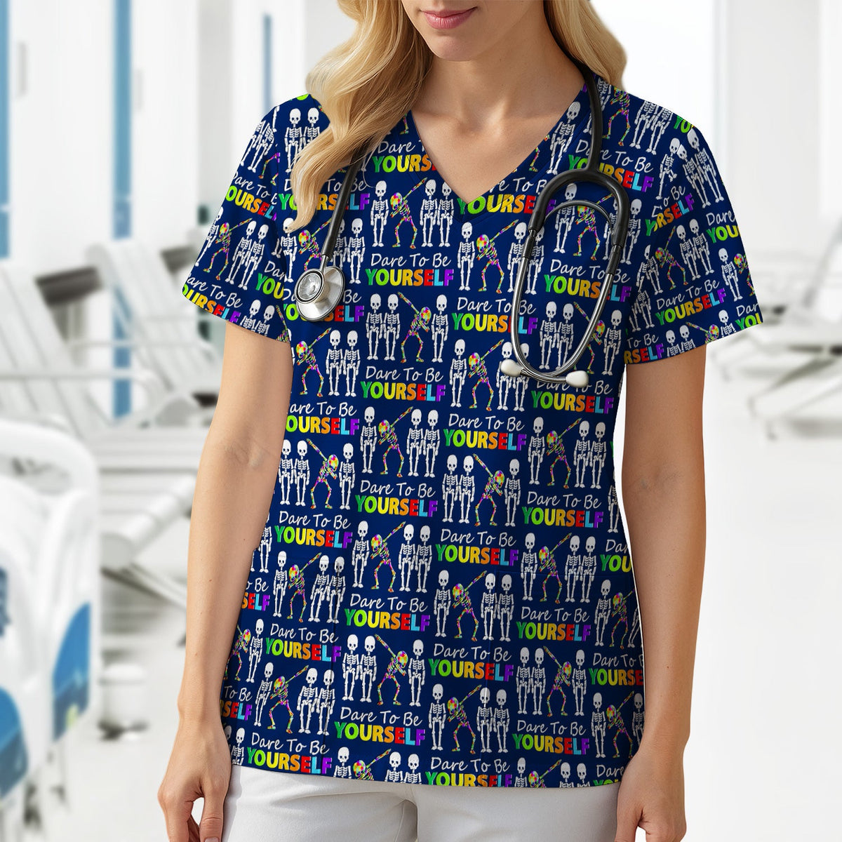 Rainbow Skeleton Dare To Be Yourself Nurse Scrub Top