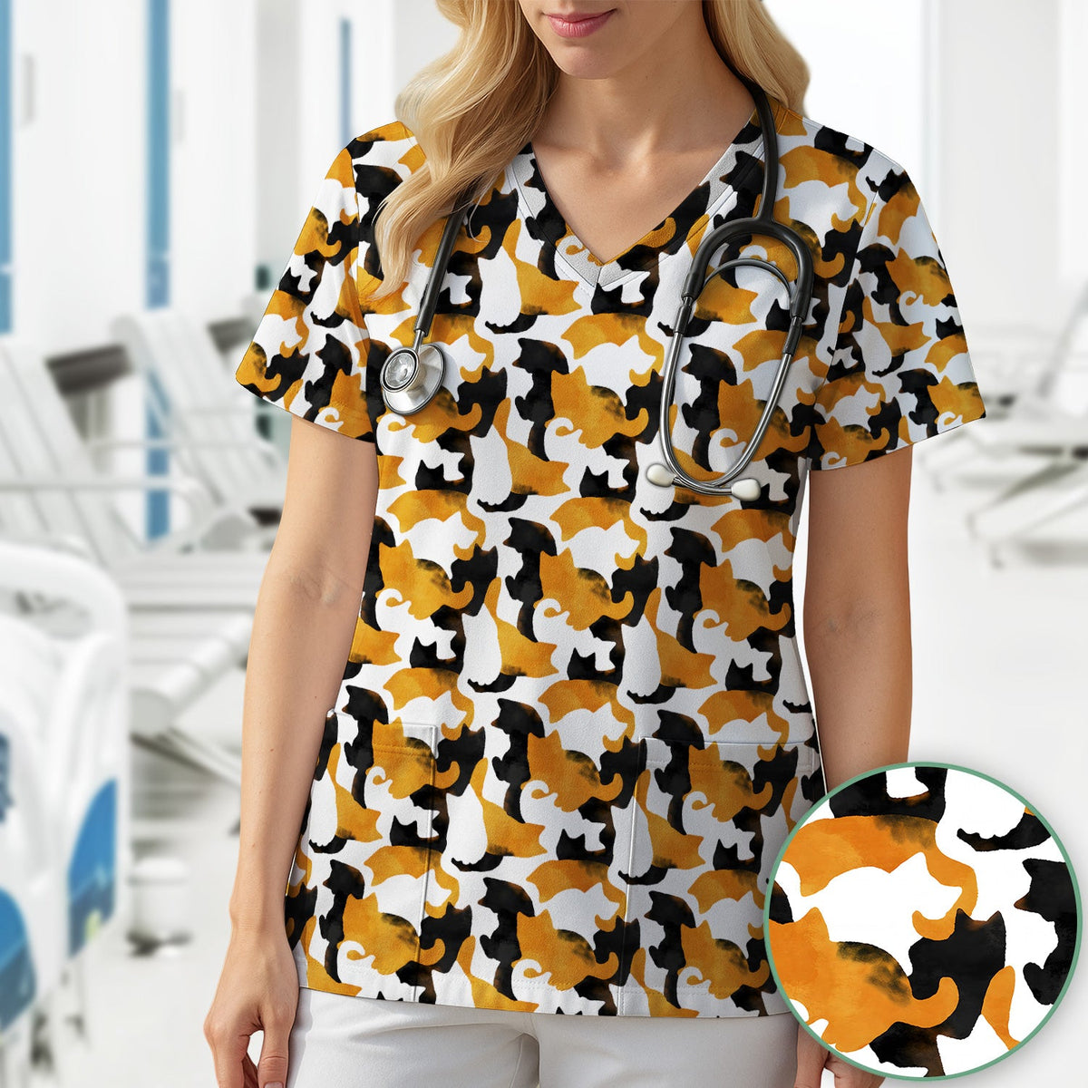 Calico Cat Silhouette Nurse Scrub Top