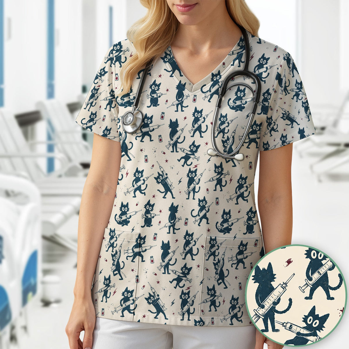 Black Cats With Syringes Nurse Scrub Top