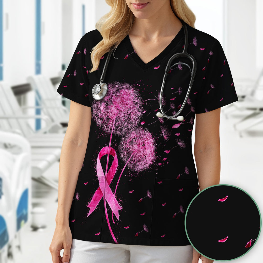 Pink Ribbon Dandelion Breast Cancer Nurse Scrub Top