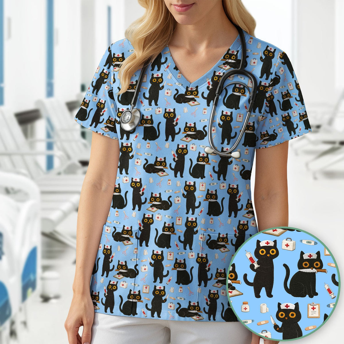 Cute Black Cat Nurse Scrub Top