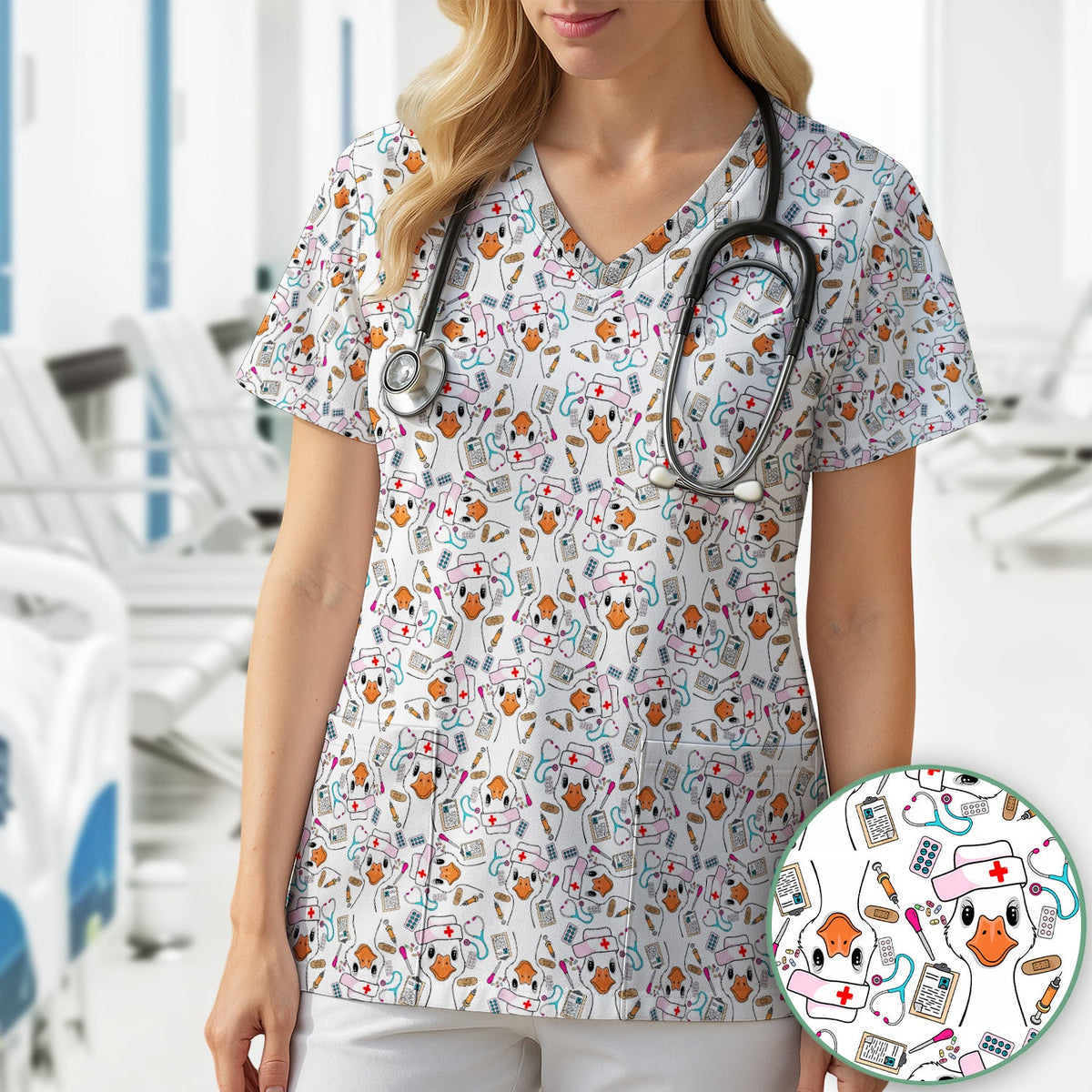 Duck Wearing Hat With Medical Tools Nurse Scrub Top