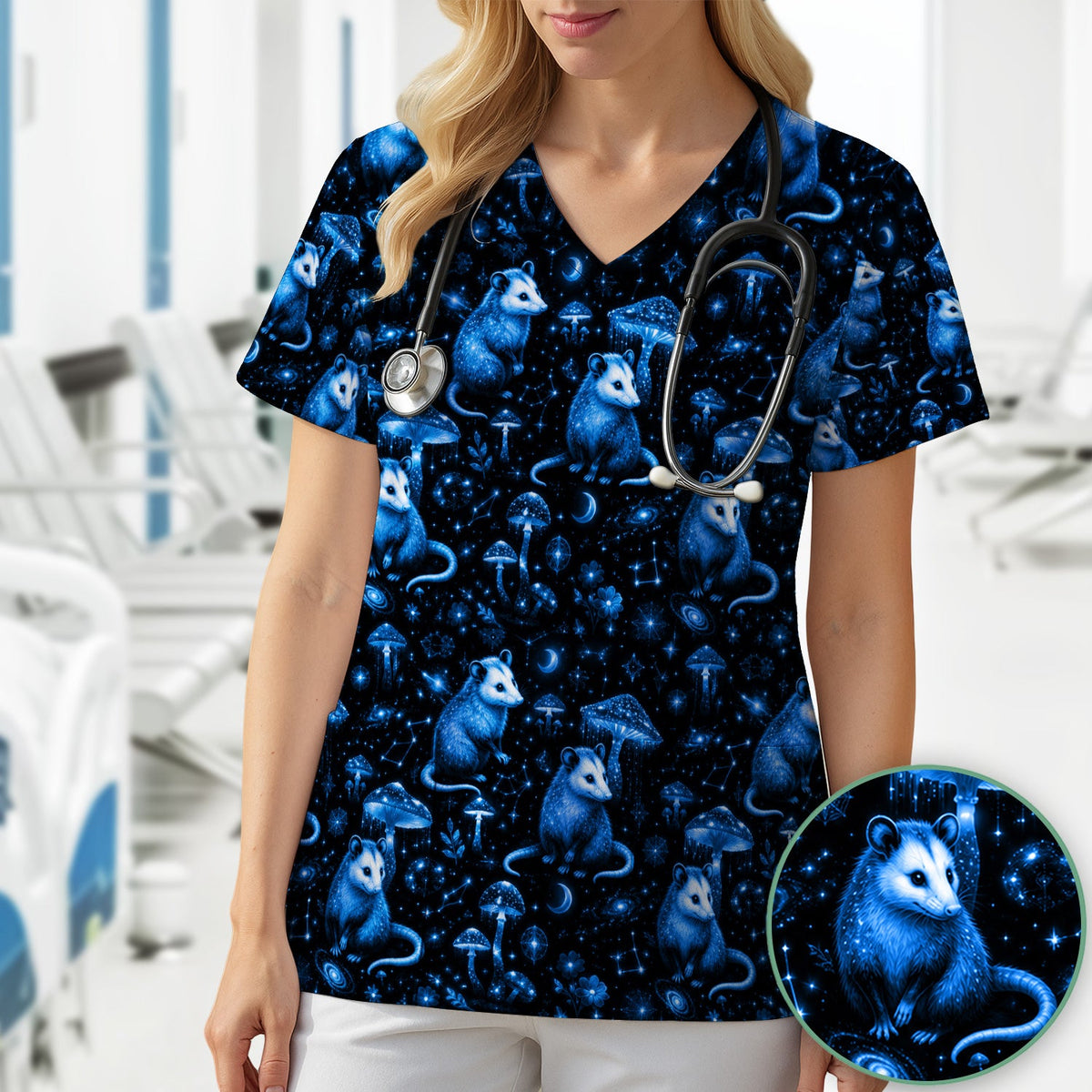 Celestial Blue Opossum Mushroom Nurse Scrub Top