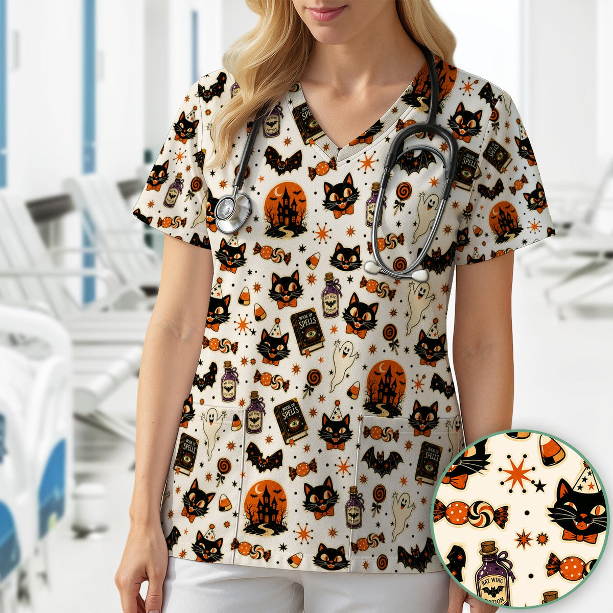Black Cat Ghost Candy Nurse Scrub Top - Halloween Gift