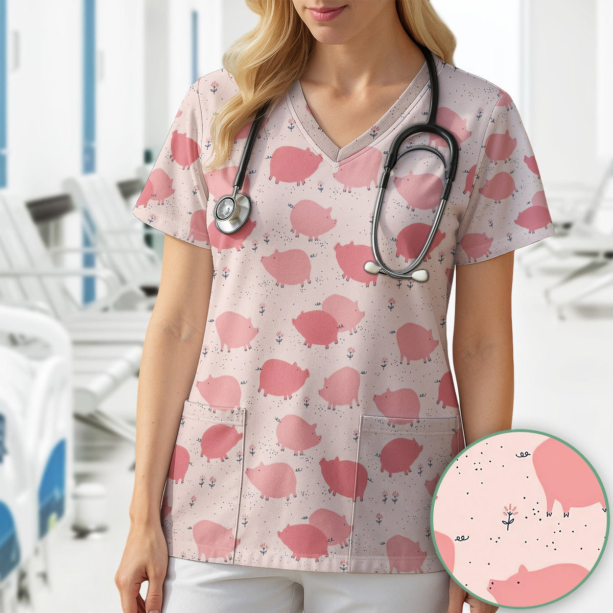 Pink Pig Farm Nurse Scrub Top