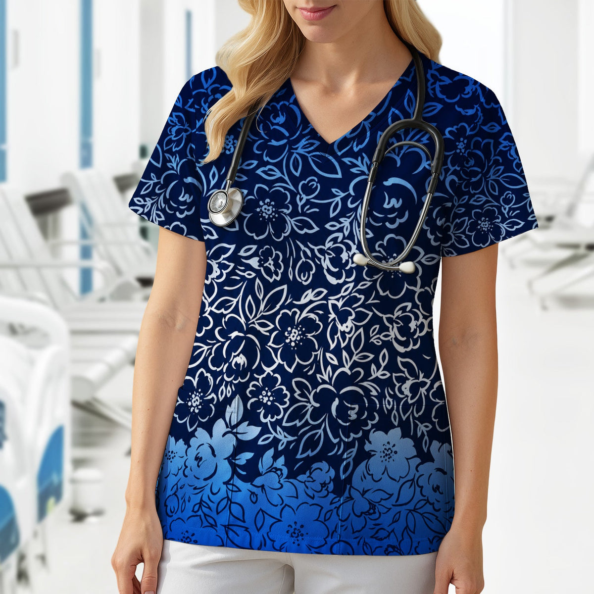 Navy Botanical Flower Nurse Scrub Top