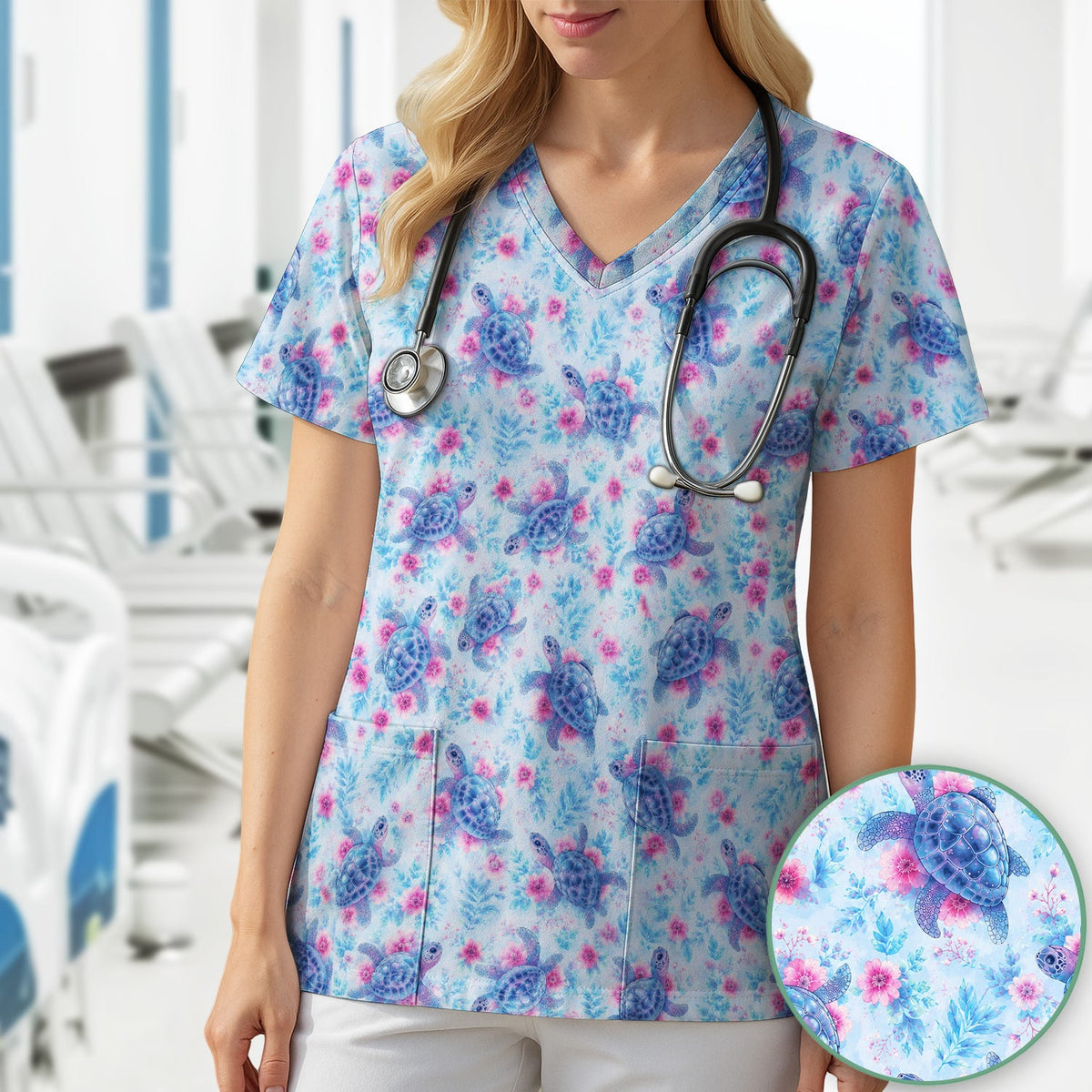 Sea Turtle Floral Nurse Scrub Top