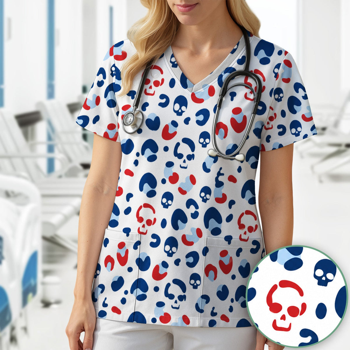 Red Blue Skull Leopard Nurse Scrub Top