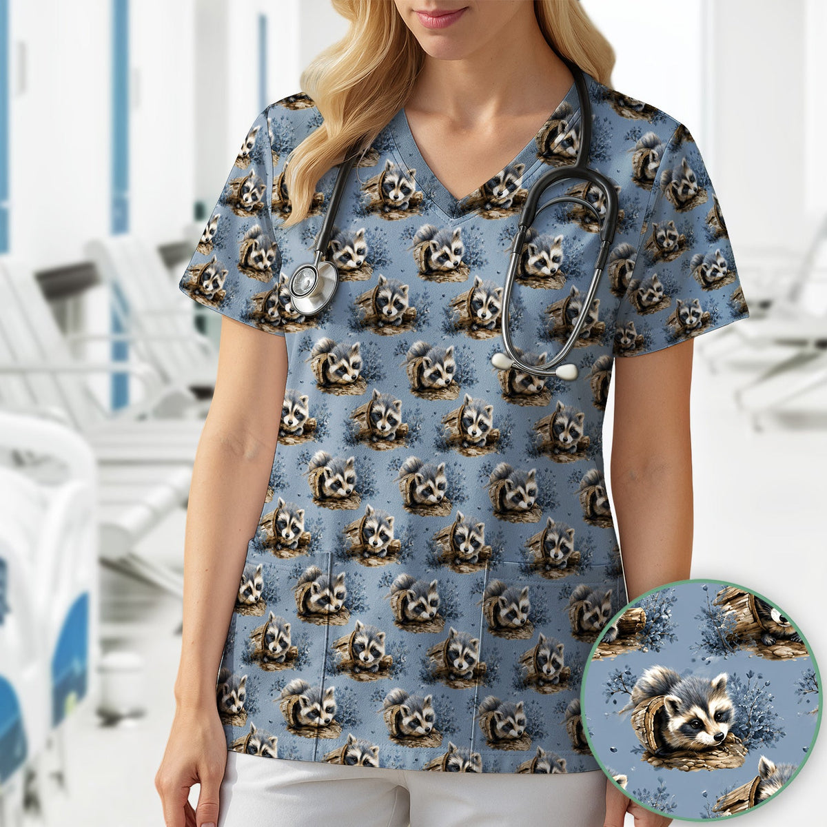 Raccoon In Log Nurse Scrub Top