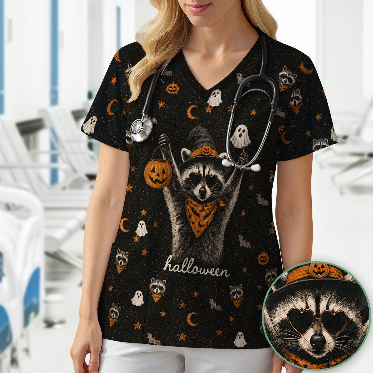 Ghost Pumpkin Raccoon Nurse Scrub Top - Halloween Gift