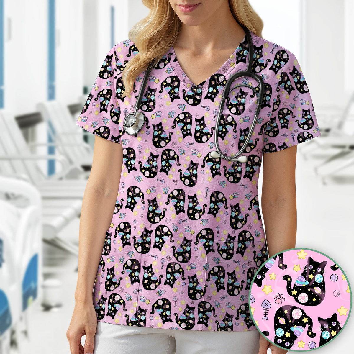 Galaxy Black Cat Space Nurse Scrub Top