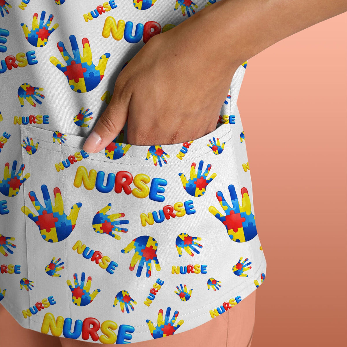 Colorful Autism Handprint Nurse Scrub Top