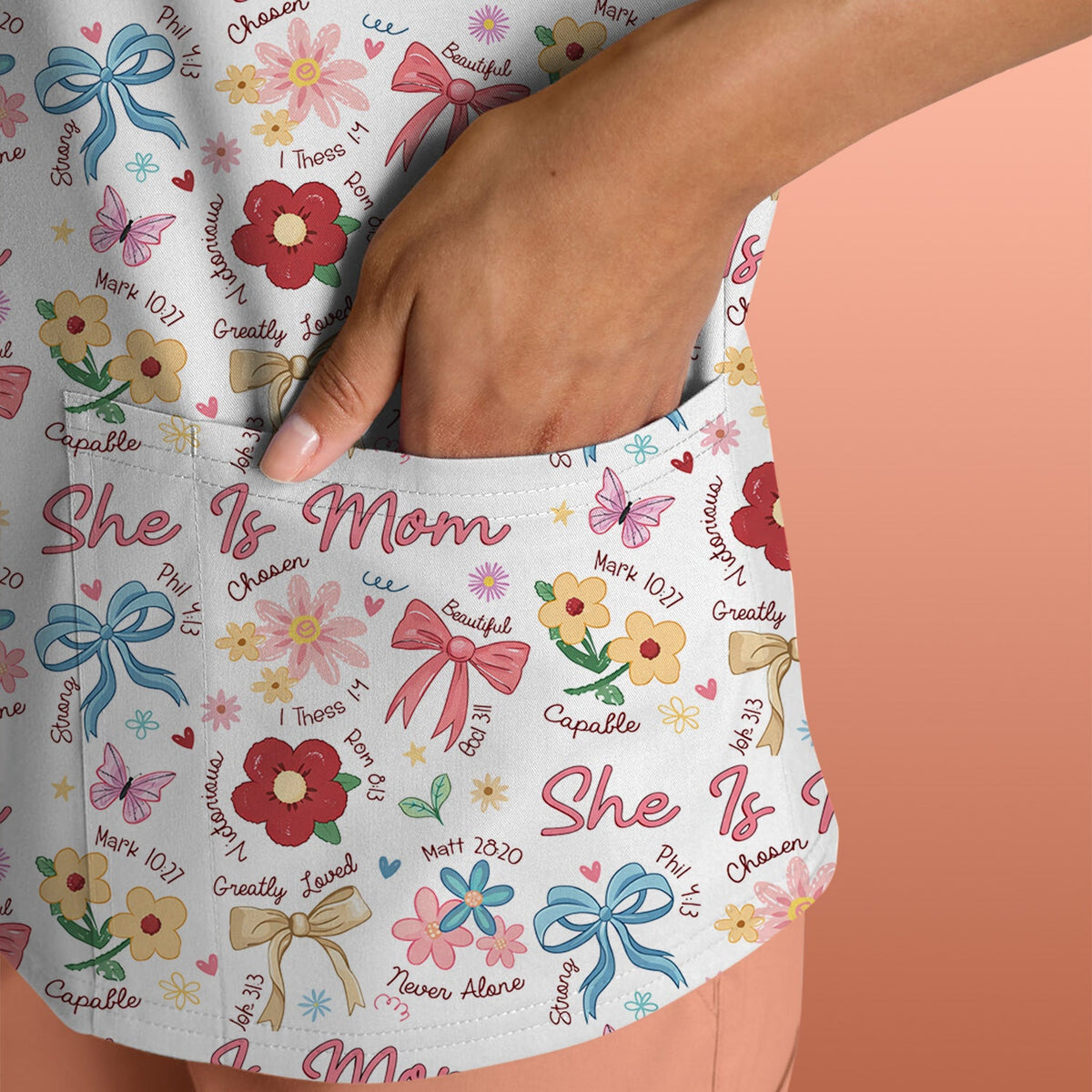 She Is Mom Floral Bow Nurse Scrub Top