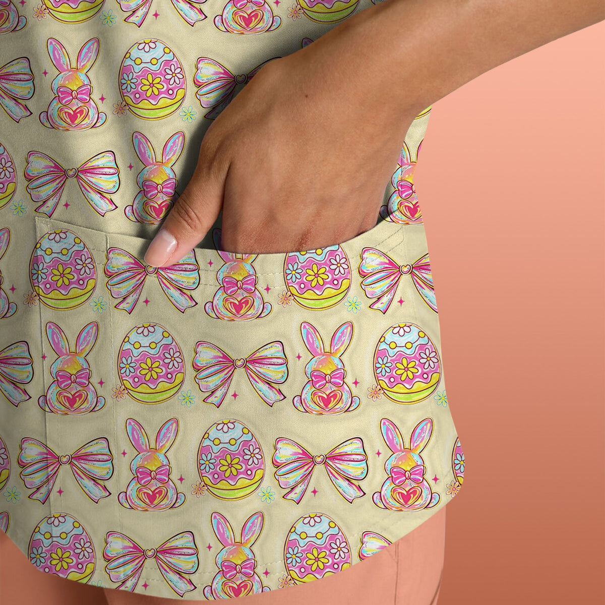 Bunny Pastel Egg Bow Nurse Scrub Top - Easter Gift