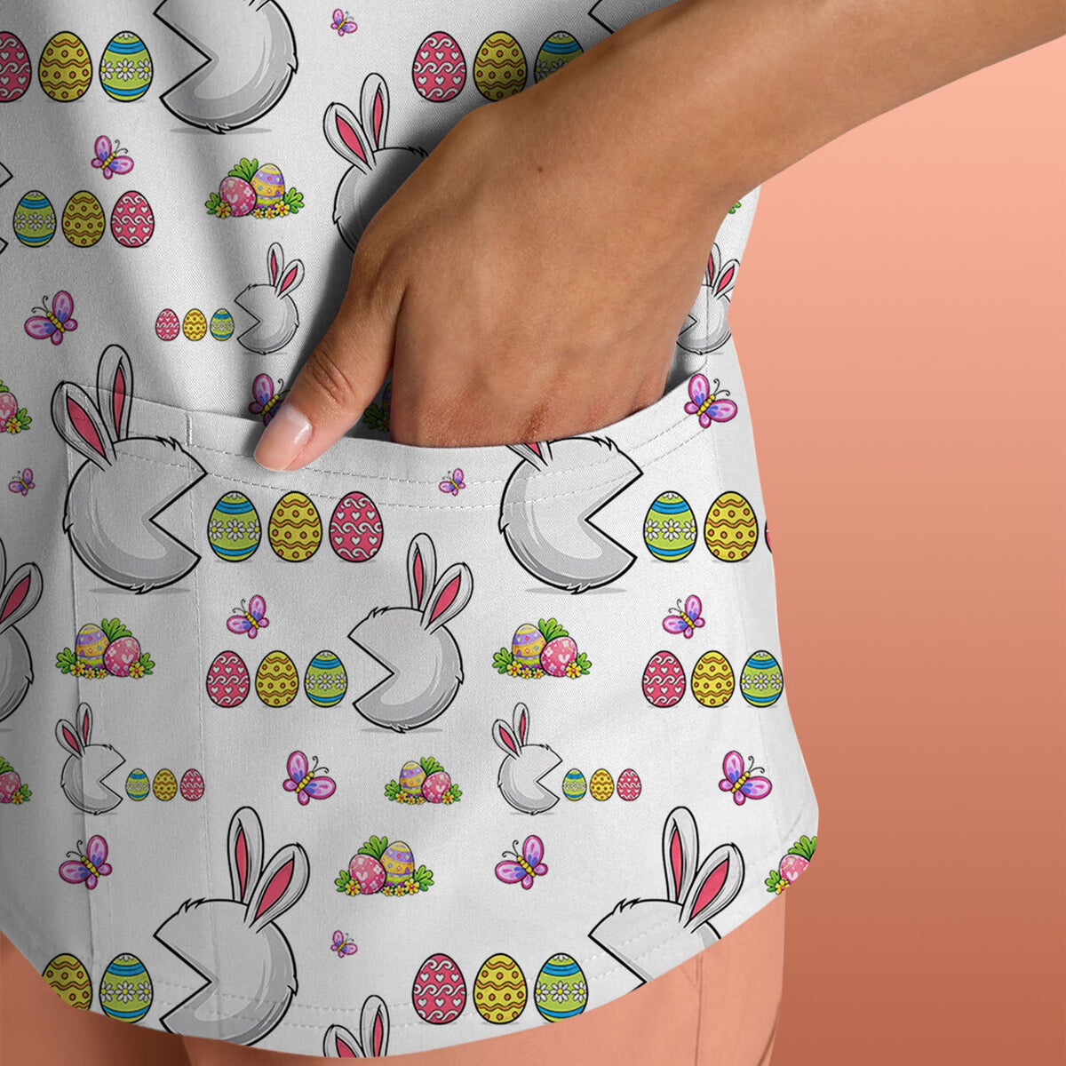Easter Bunny and Colorful Eggs Print Scrub Top, Breathable Fabrics Nursing Uniform