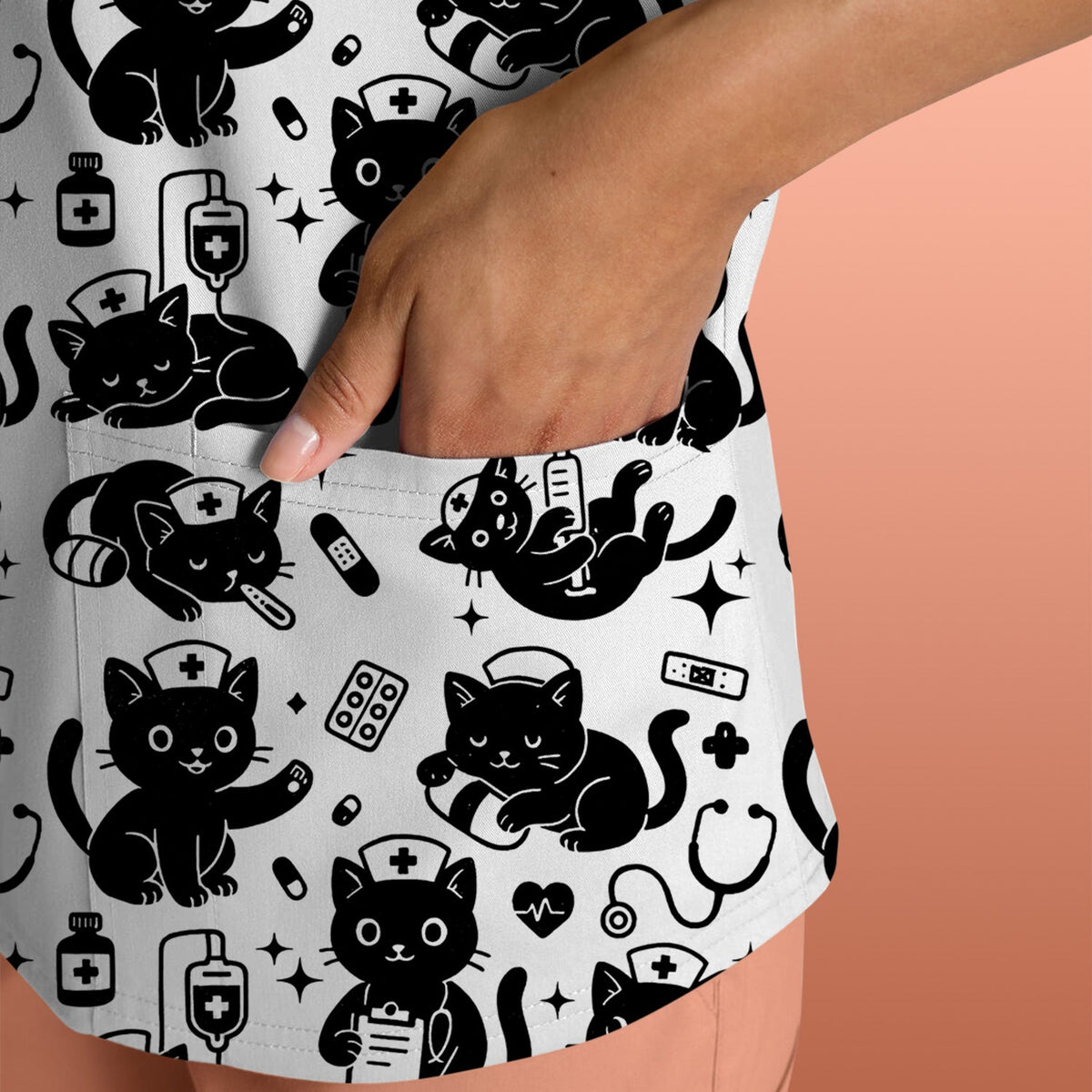 Cute Black Cat Nurse Pattern Scrub Top, Breathable Fabrics Nursing Uniform