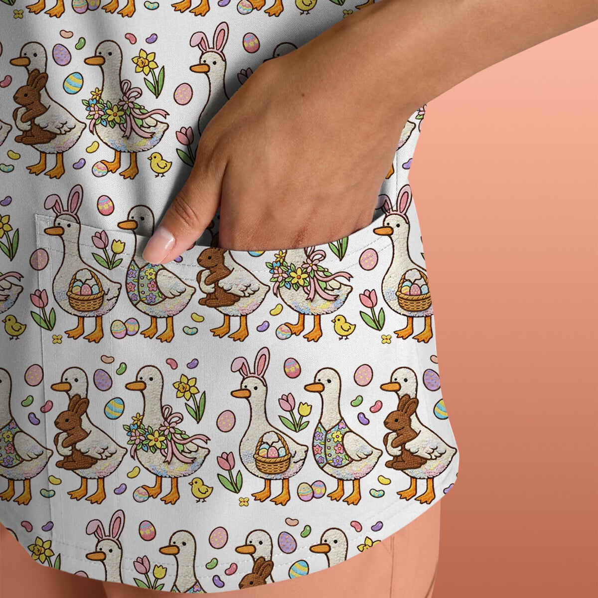 Duck Bunny Egg Floral Nurse Scrub Top - Easter Gift